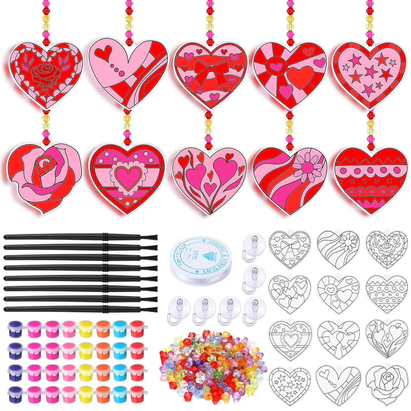 Beeveer 30 Sets Valentine's Day Suncatchers Craft Kits Heart Suncatcher Ornaments DIY Window Paint Art Sun Catchers for Valentines Adults Art Project Party Favors Gift (Heart)