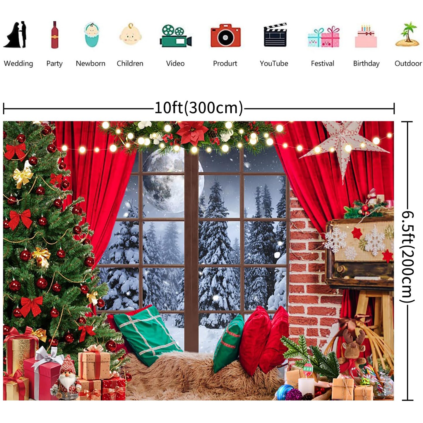 Diasynig 10x6.5FT Christmas Backdrop Window Red Curtain Xmas Tree Gifts Forest Snow Scene Photography Background Family Kids Winter Holiday Christmas New Year Party Decoration Banner Photo Booth Props