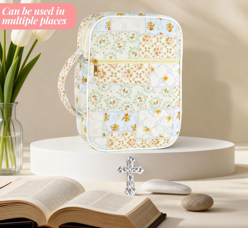 Bible Cover Case for Women, Large Bible Bag with Bible Study Supplies Accessories Christian Gifts for Women, Portable with Sturdy Handle and Highlighters, Spliced Flower