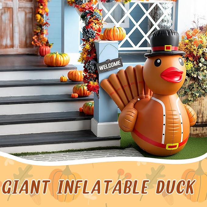 Hungdao 2 Pcs 4 Feet PVC Thanksgiving Inflatables Turkey Duck, Giant Thanksgiving Duck with Turkey Tail, Huge Blow up Rubber Decorations for Outdoor Indoor Lawn Pool Float Yard Fall Party Supplies