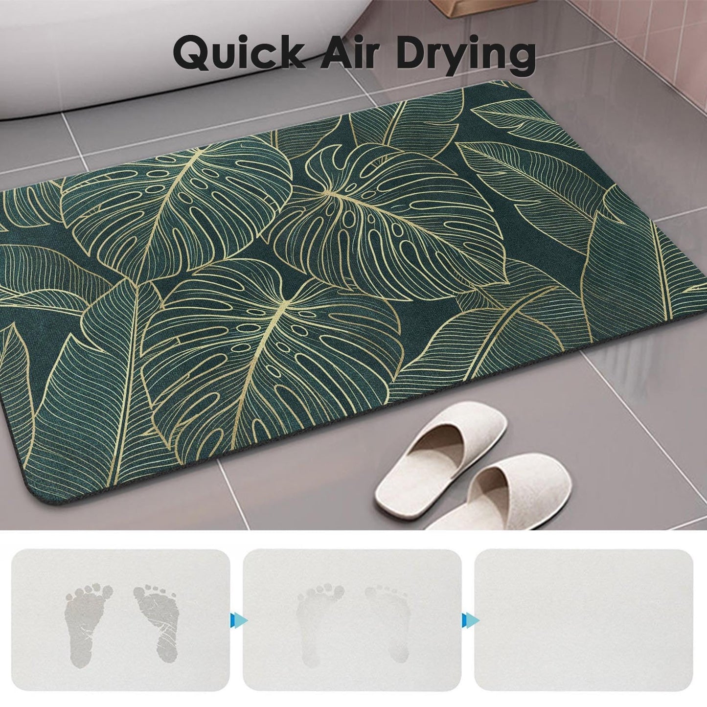 Arttown Tropical Leaves Bath Mat for Bathroom, Golden and Green Palm Leaf Quick Dry and Super Absorbent Bath Mat Rugs, Non Slip Rubber Backing Floor Rug 17x30 Inches for Kitchen Bedroom Indoor