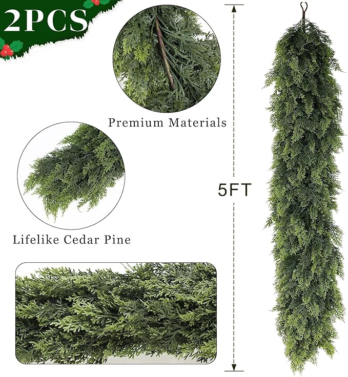 5FT Real Touch Cedar Garland for Fireplace - Artificial Christmas Garlands Realistic Faux Greenery Fake Pine Needles Garland for Holiday,Table, Window,Mantel,Stairs, Home,Indoor Outdoor Decor (2PCS)