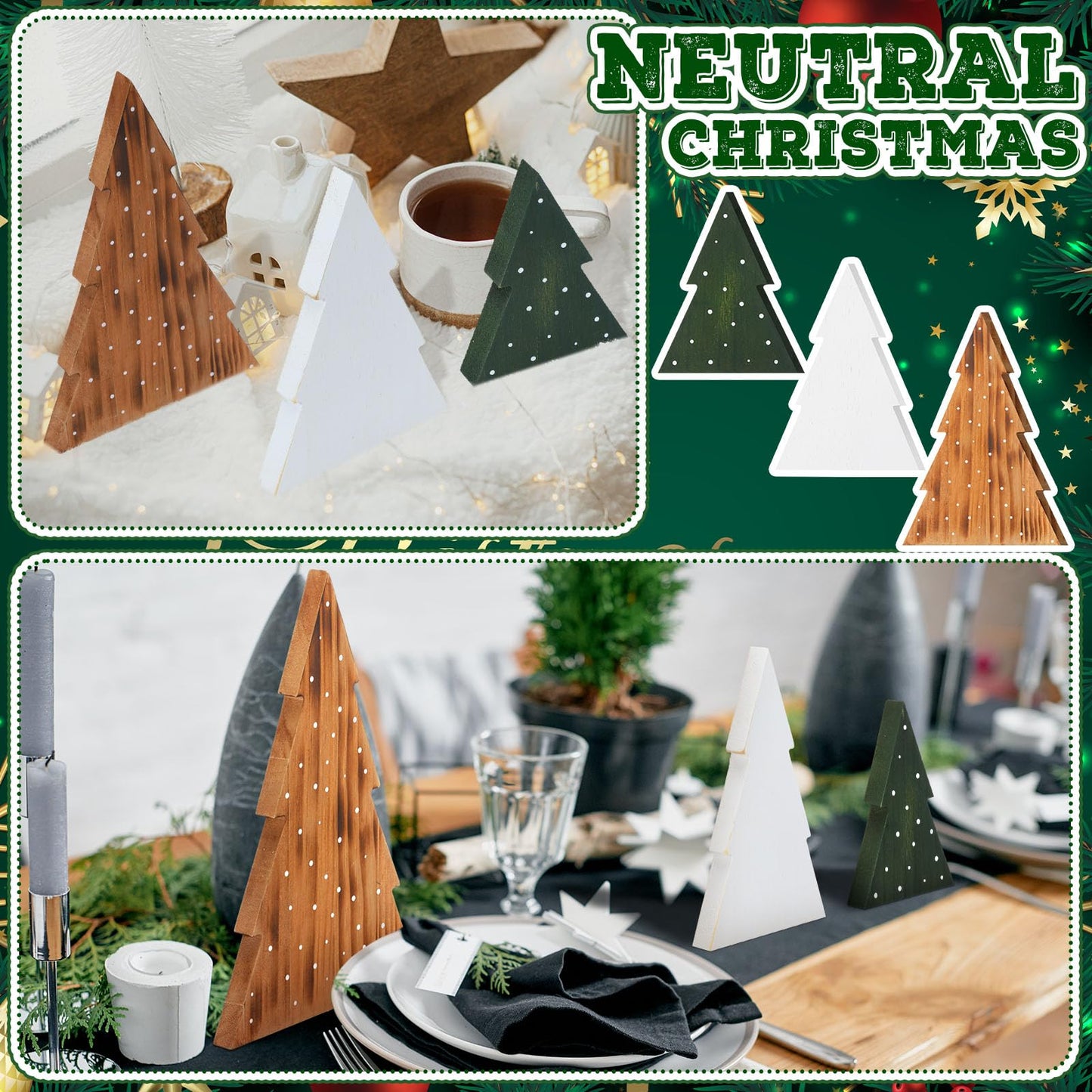 AceOrbit 3 Pcs Christmas Decorations Rustic Farmhouse Wood Christmas Trees Neutral Tabletop Tree Signs Decor Freestanding Xmas Wooden Decorations for Fireplace, Mantle, Shelf, Home, Office