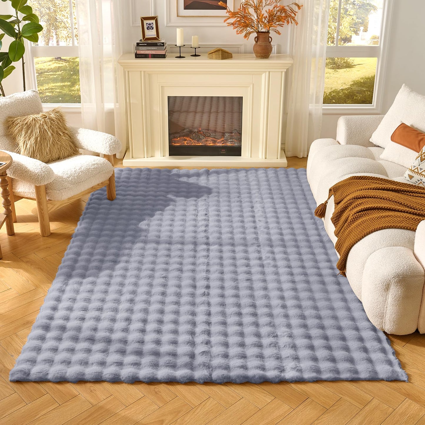 Lotus Karen Washable Area Rug, 3D Bubble Rug for Living Room, Bedroom, Faux Fur Carpet for Home Decor,4' W × 6' L, Light Grey