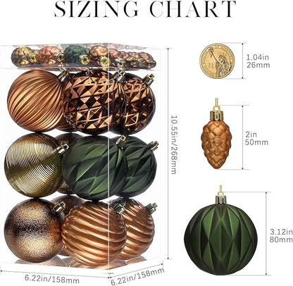 JORNOY Earth Tone Christmas Tree Ornaments - 3.12inch/80mm Shatterproof Ornaments for Christmas Tree Set Plastic Decorative Hanging Balls Ornaments for Xmas Tree Decorations, 32ct (Earth Tone)