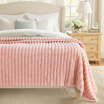 decorUhome Soft Fleece Pink Blanket Queen Size for Bed, Cozy Fluffy Plush Flannel Large Striped Throws for Couch Sofa, Lightweight Decorative Fuzzy Blanket for Woman, 90x90 Inches