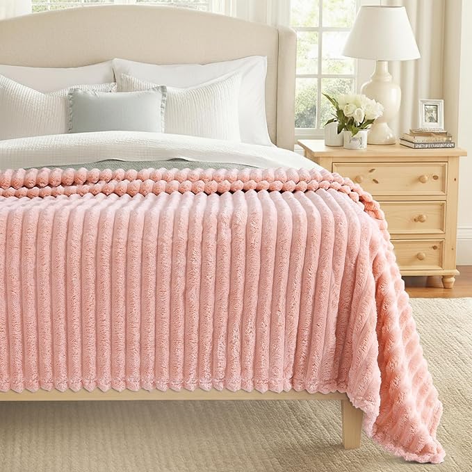 decorUhome Soft Fleece Pink Blanket King Size for Bed, Cozy Fluffy Plush Flannel Large Striped Throws for Couch Sofa, Lightweight Decorative Fuzzy Blanket for Woman, 108x90 Inches