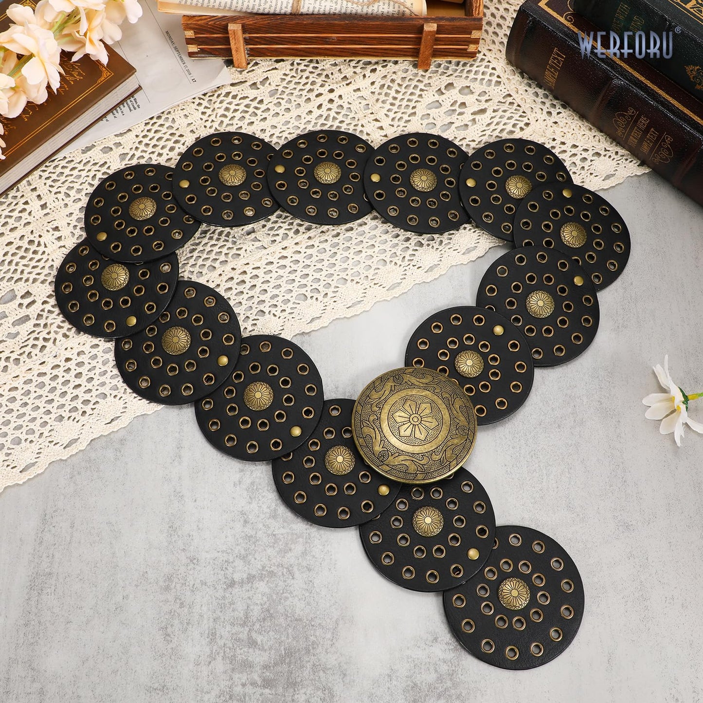 WERFORU Women Wide Western Disc Belt Cowgirl Boho Leather Belt for Jeans Dress