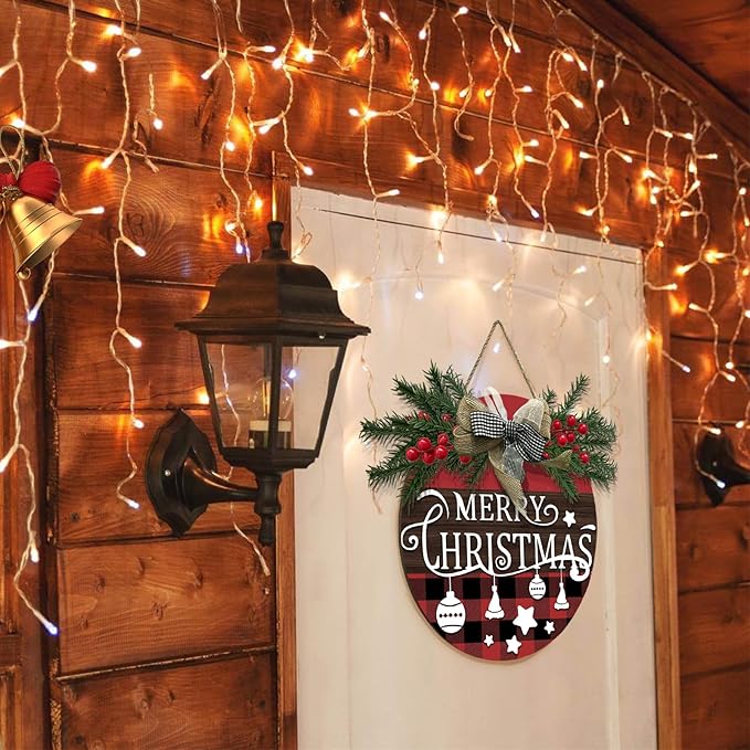 Merry Christmas Door Sign Xmas Buffalo Plaid Hanging Signs With Bow And Wreath Christmas Stars Wooden Sign for Front Door for Holiday Rustic Farmhouse Outdoor Wall Window Decor 12 Inch