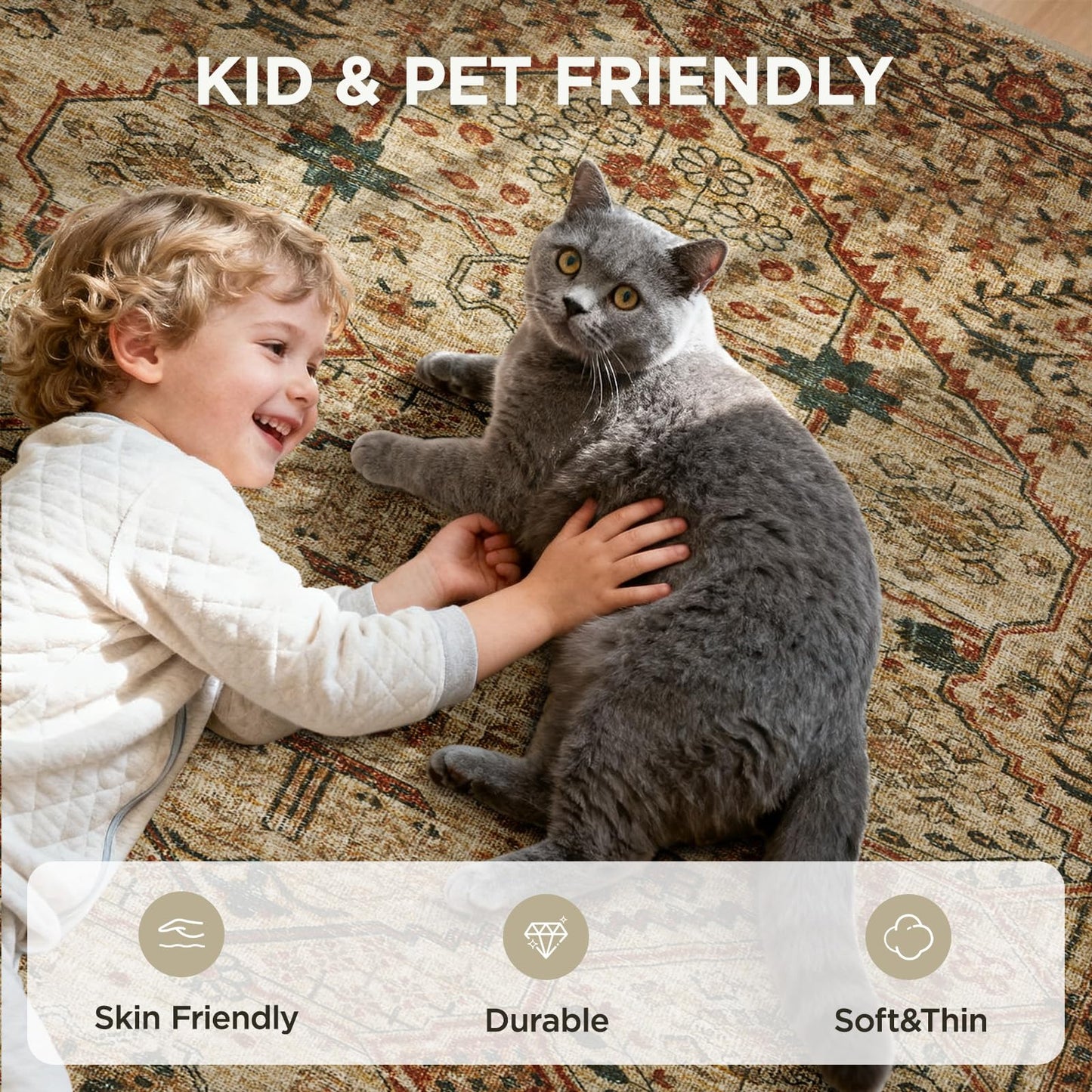 Joydeco 3x5 Area Rugs for Living Room, Non Slip Machine Washable Vintage Rug, Low Pile Chenille Print Rugs for Bedroom, Dining Room, Home Office, Pet & Child Friendly, Tan