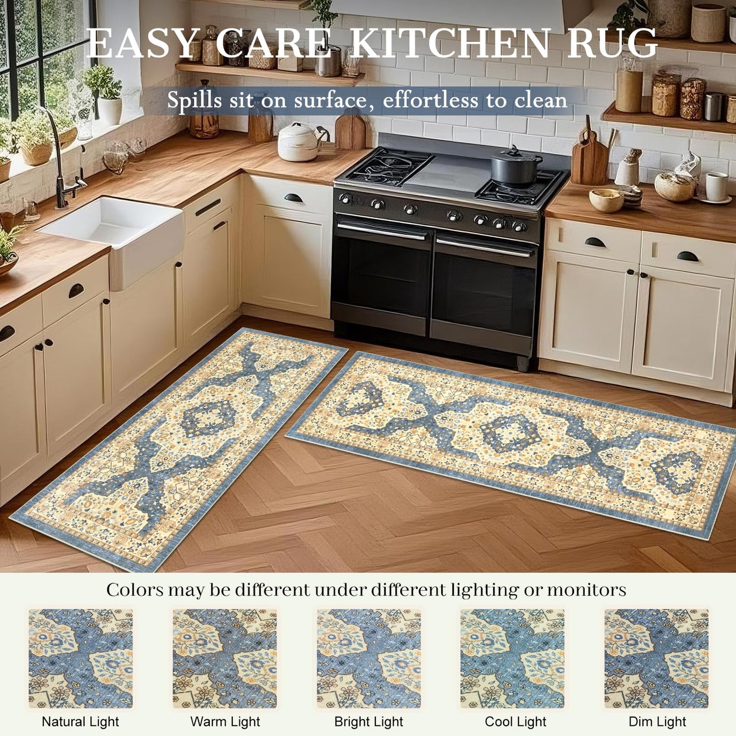 TUKDAK Boho Non-Slip Washable Kitchen Rug Set of 3, Soft Thick Stain Resistant Kitchen Floor Mats, Yellow & Blue Farmhouse Decor Rugs for Sink Front, Hallway, Bathroom, Entryway, Laundry Room