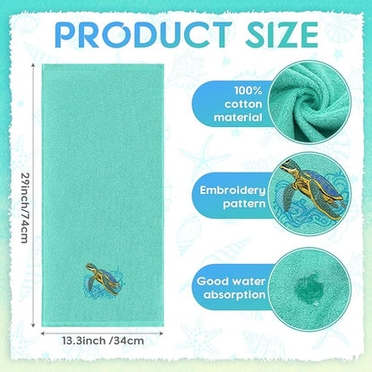 2 Pcs Sea Turtle Hand Towels Teal Bathroom Decor 14x29 Inch Embroidered 100%