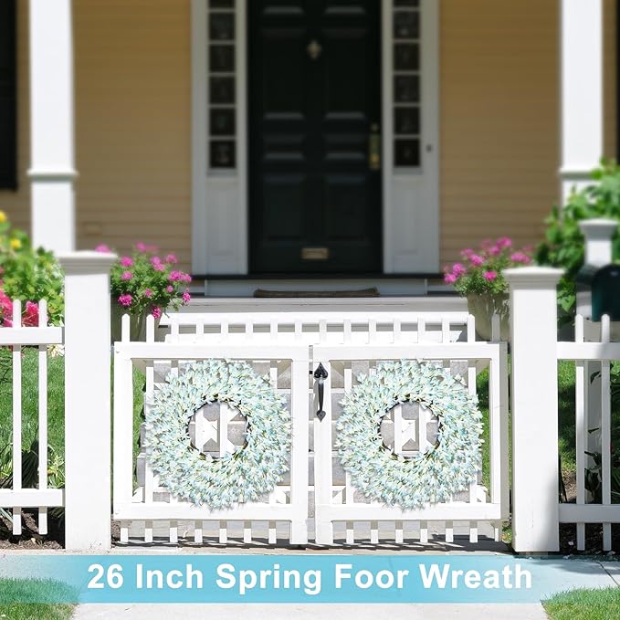 Large Summer Spring Wreaths for Front Door 26 Inch Spring Summer Door Wreath Easter Wreaths for Front Door Wild Floral Wreath for Farmhouse Porch Wall Wedding Living Room Home Decor Aesthetic(Blue)