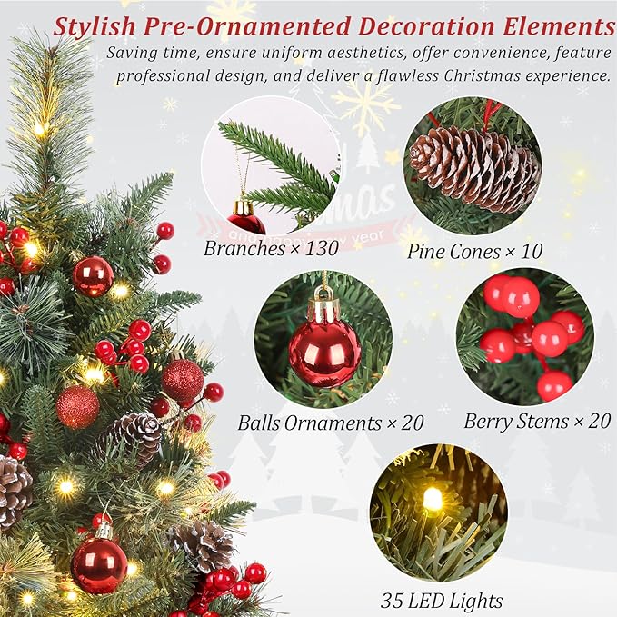 Set of 2 Outdoor Pathway Christmas Trees with Lights, 30in Prelit Battery Operated Artificial Xmas Tree Holiday Décor for Porch, Urn & Planter Filler, Red Berries, Pine Cones, Ball Ornaments