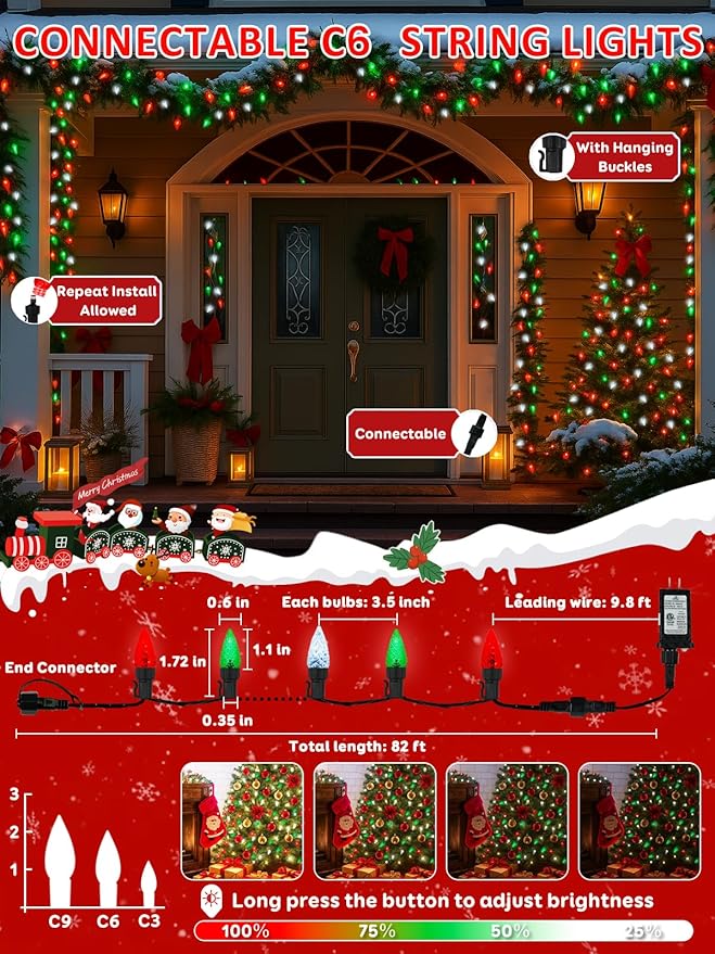 Upgraded 250 LED C6 Connectable Christmas String Light Red Green and White, 82FT Waterproof Christmas Twinkle Light Outdoor, Plug in Fairy Lights Indoor with 13 Modes & Timer for Christmas Decoration