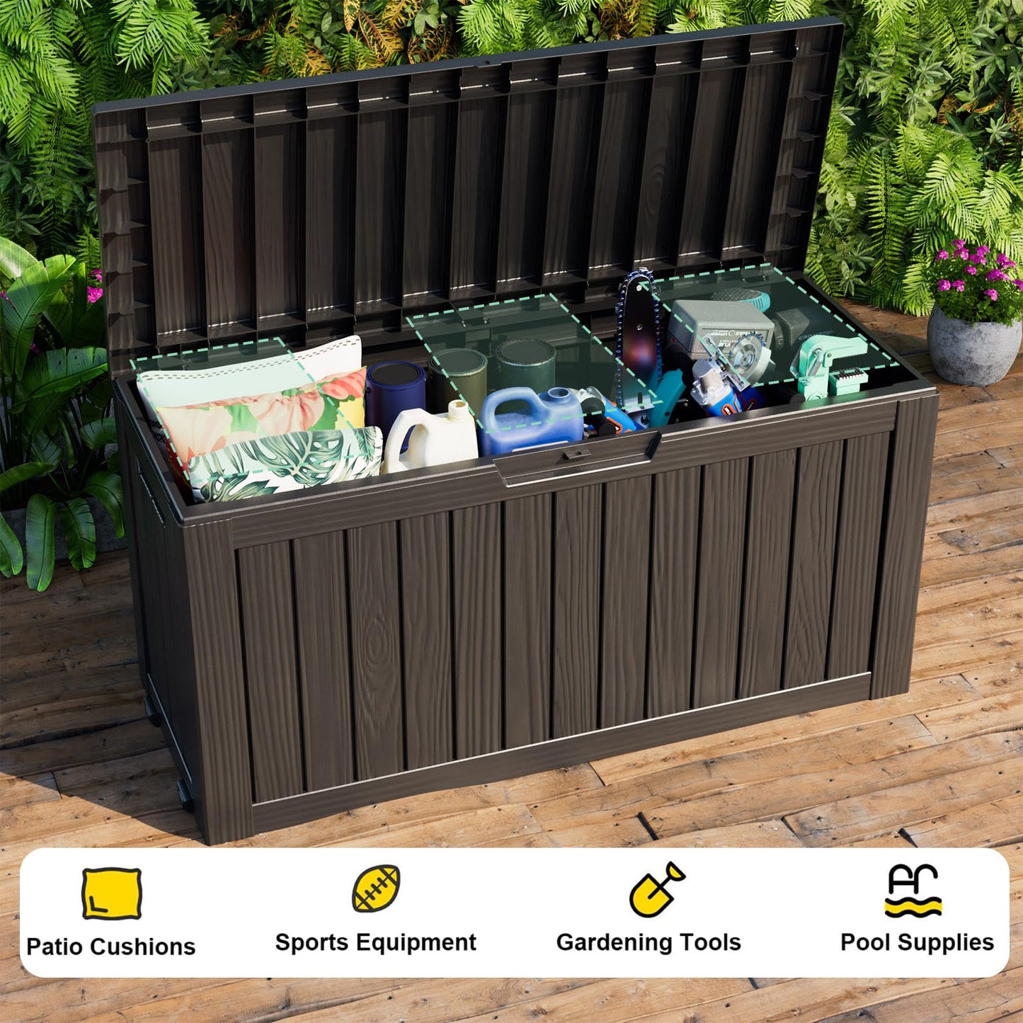 MAIUSCOLI Outdoor Waterproof Resin Storage Deck Box Lockable Outside Bench UV Resistant Bin Patio Porch Furniture Pool Float Garden Tool Cushion (Black, 85 Gallon)