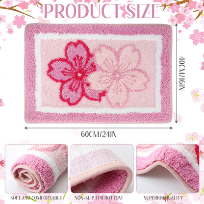 Boao Cherry Bath Mat Blossom Pink Flower Tufted Bathroom Rug Non Slip Soft Absorbent Tufted Cute Cherry Bathroom Accessories Decor for Bedroom Kitchen Floor Tub Shower Sink, 24 x 16 Inches