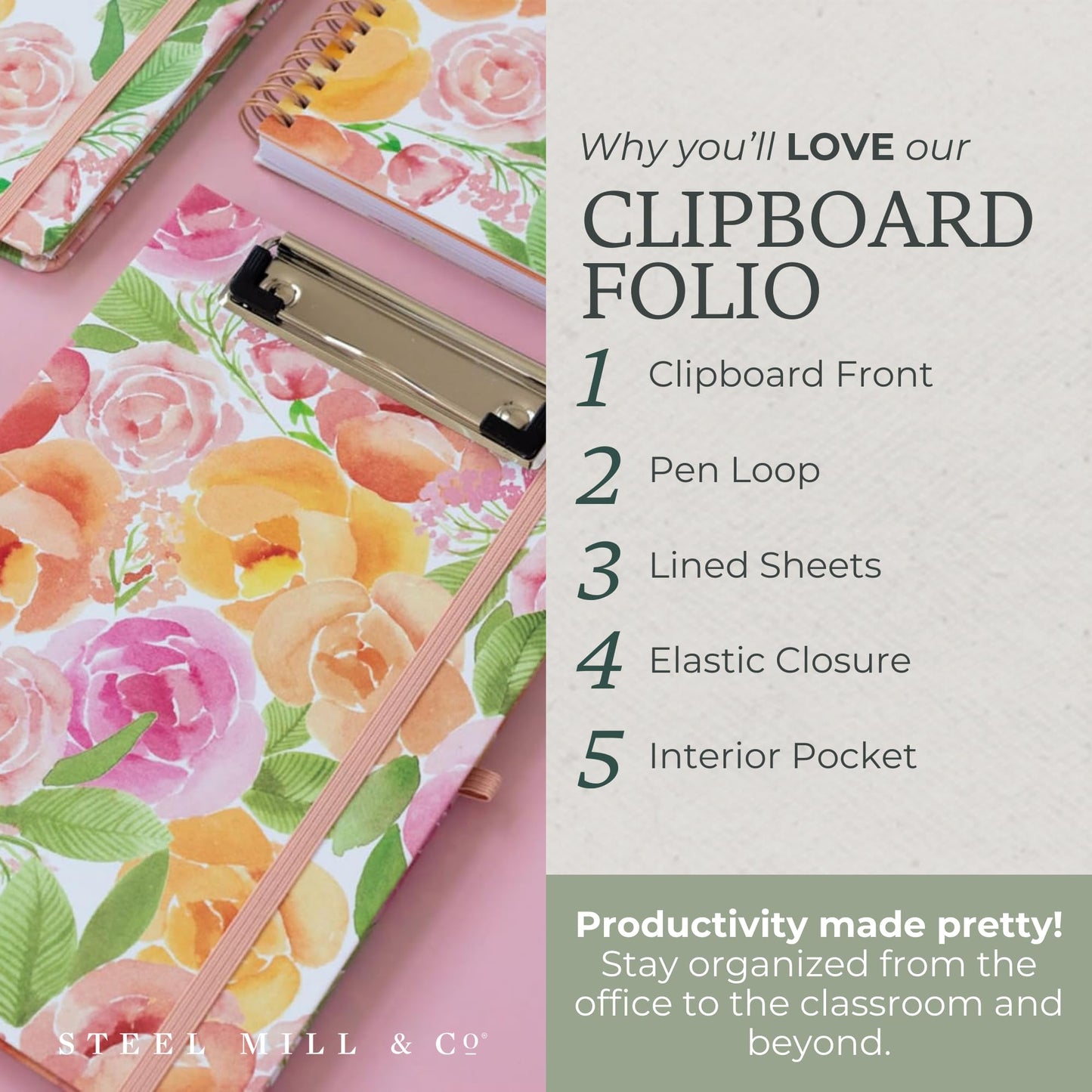 Steel Mill & Co Cute Mini Clipboard Folio with Refillable Lined Notepad and Interior Storage Pocket, Small Padfolio for Work (Full Posey)