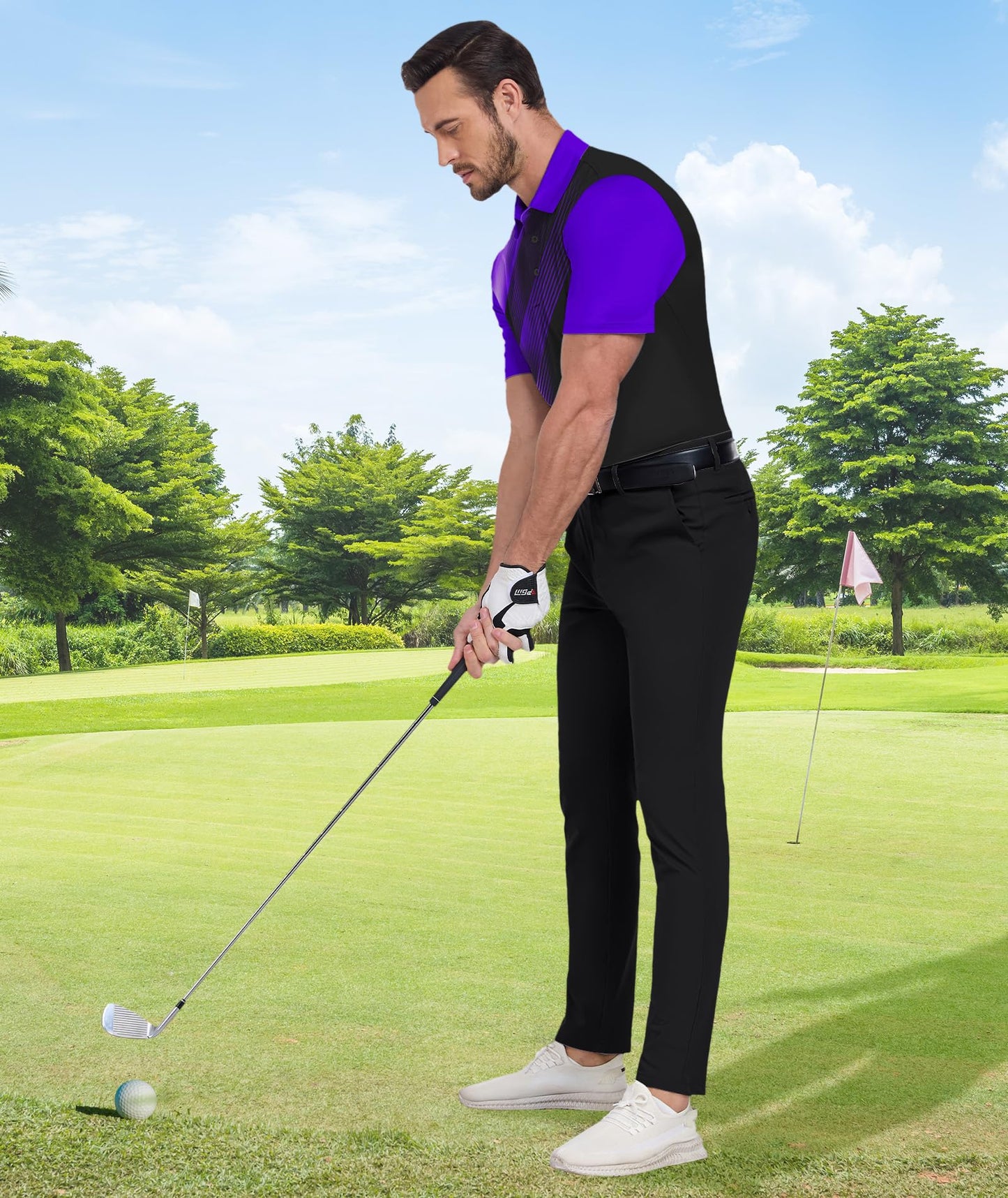 ZITY Men's Golf Shirts Short Sleeve Moisture Wicking Performance Print Patterns Casual Collared Golf Polo Shirt for Men Black Violet