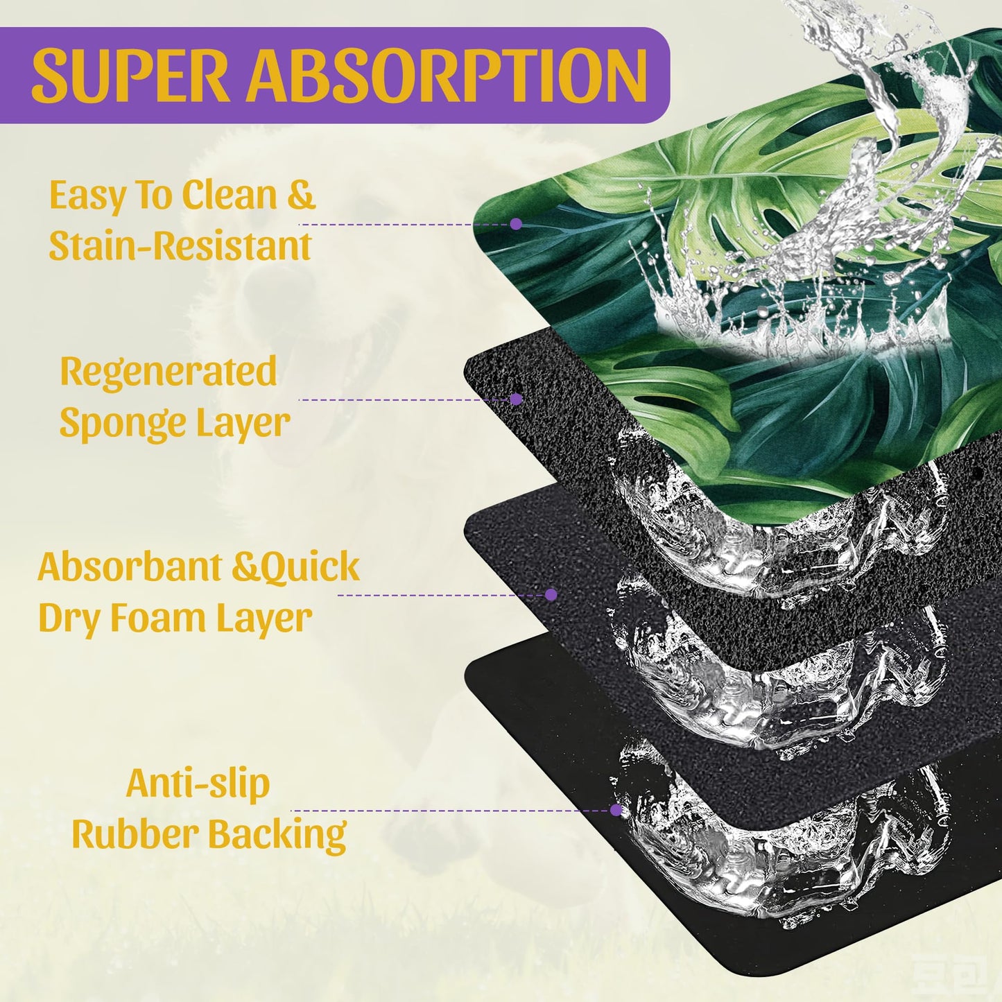 Tropical Palm Leaves Pet Feeding Mat, Absorbent Quick-Dry Dog Cat Bowl Mat, Non-Slip Bottom, Indoor Use – 16x24 Inch