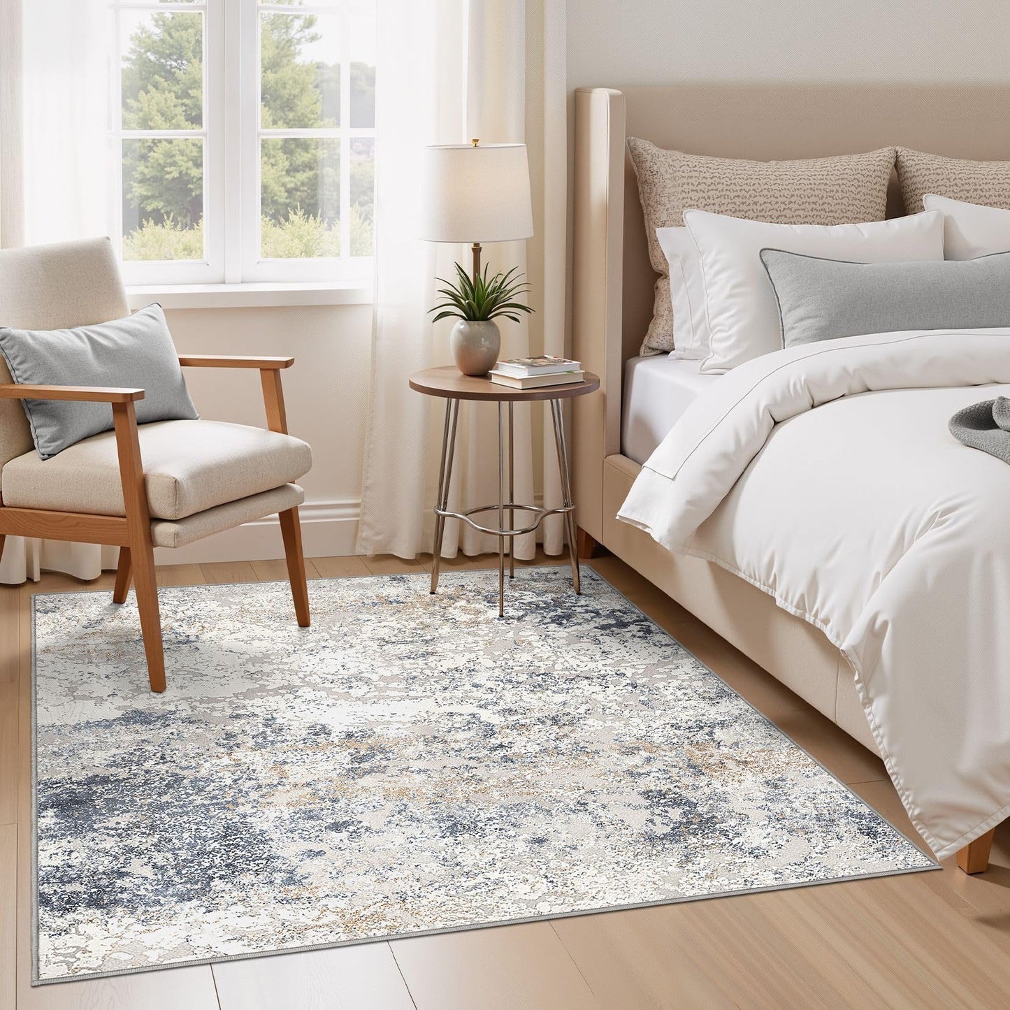 DMOYEST Square Area Rug Living Room Rugs - 6x6 Washable Large Soft Indoor Neutral Modern Abstract Low Pile Rug Carpet for Bedroom Dining Room Farmhouse Home Office - Beige Blue