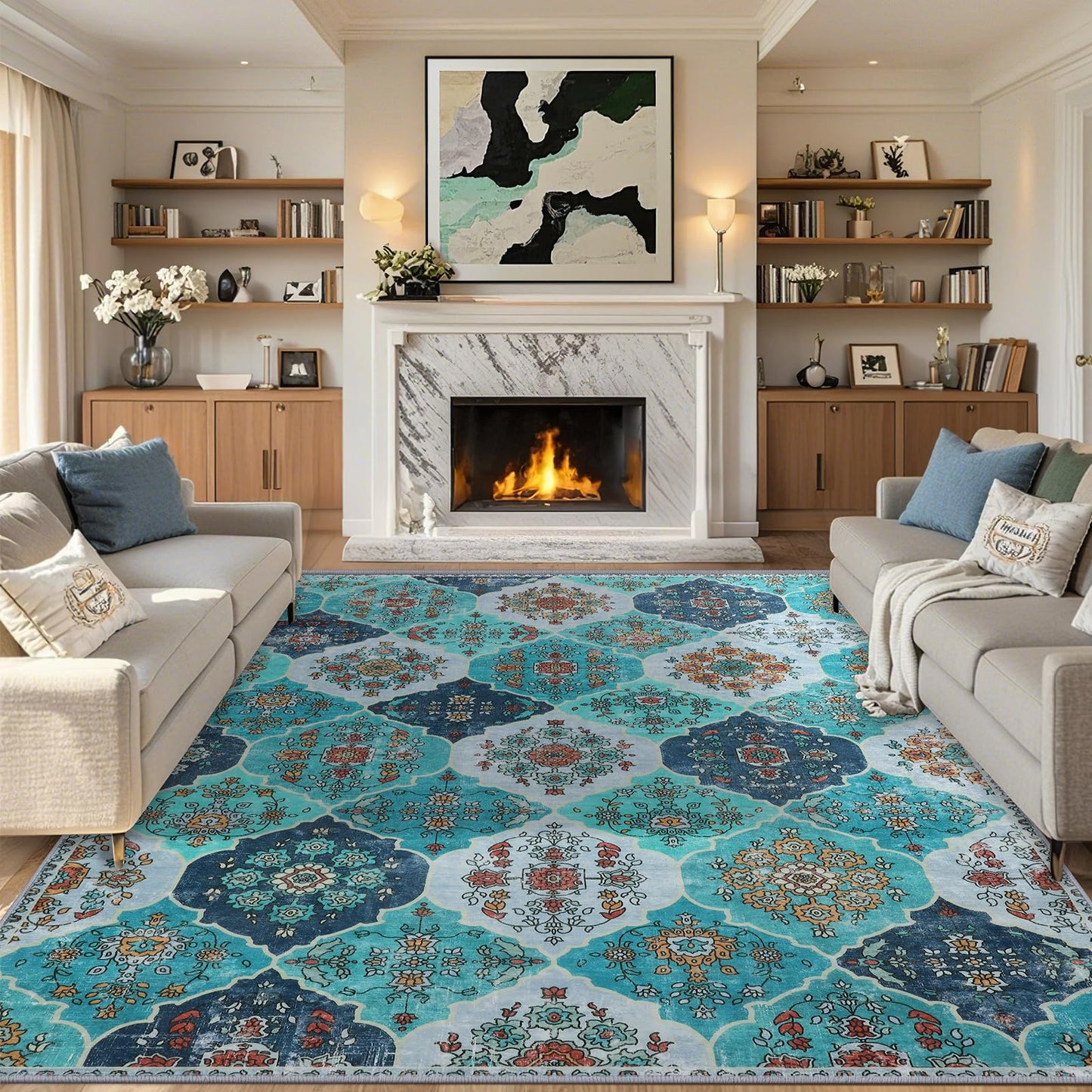 FLYRUGGO 5x7 Area Rugs, Washable Boho Rugs for Living Room, Moroccan Trellis Bohemian Ultra Soft Large Non-Slip Carpet for Dining Room Office Bedroom - Teal Blue