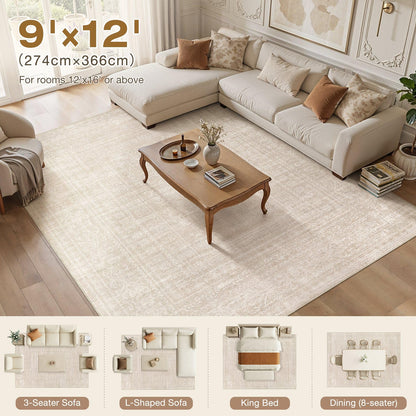 Nakagishi 9x12 Area Rugs Living Room: Washable Large Vintage Rug Neutral Non-Slip Soft Stain Resistant Indoor Carpet for Bedroom Nursery Dining Room Office Playroom - Beige