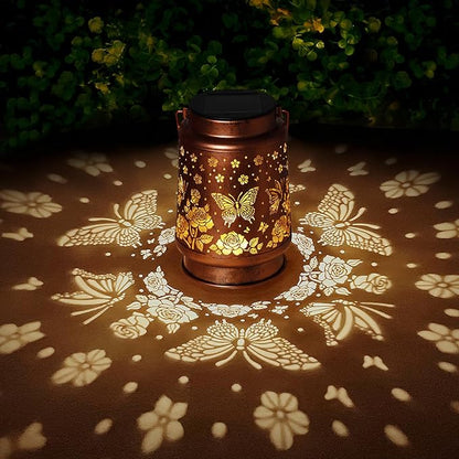2 Pack Butterfly Solar Lanterns Outdoor Waterproof Rose Garden Decor Gifts for Women Mom Grandma Hanging Solar Lights Metal Lantern Decoration Outside for Yard,Patio,Backyard,Porch
