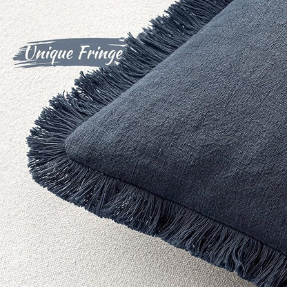 MIULEE Christmas Decorative Throw Pillow Covers Neutral Linen Fringe Throw Pillows Set of 2 Indigo Blue Boho Farmhouse Cushion Covers Coastal Decor for Couch Sofa Bed Living Room Decor 26x26 Inch