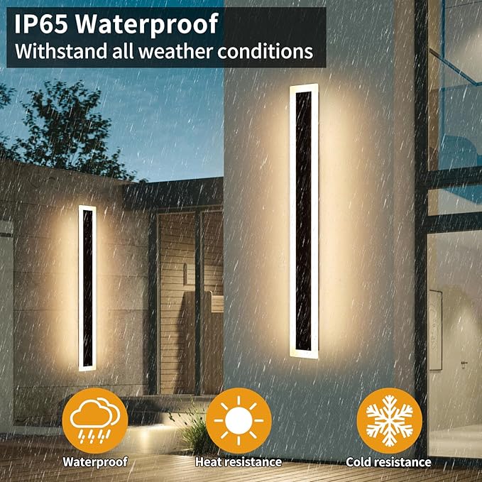 Upgrade Widened 2 Pack 47.2inch Modern Outdoor Wall Sconce, Black Long LED Wall Light, 3000K Warm White, IP65 Waterproof, White Acrylic, 41W, Exterior Lighting Fixture for Balcony, Yard, Garage