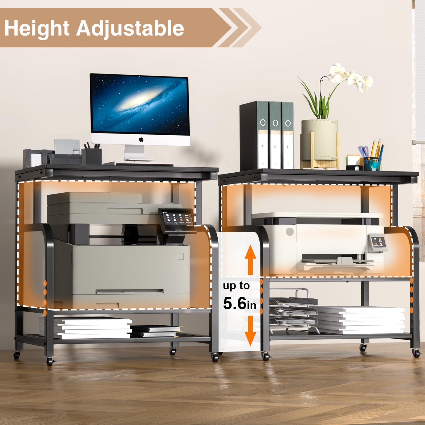 niffgaff Mobile Printer Stand with Large Desktop - 3 Tier Shelf, 24.4 Inch Height, Wooden Organizer for Home&Office, Black