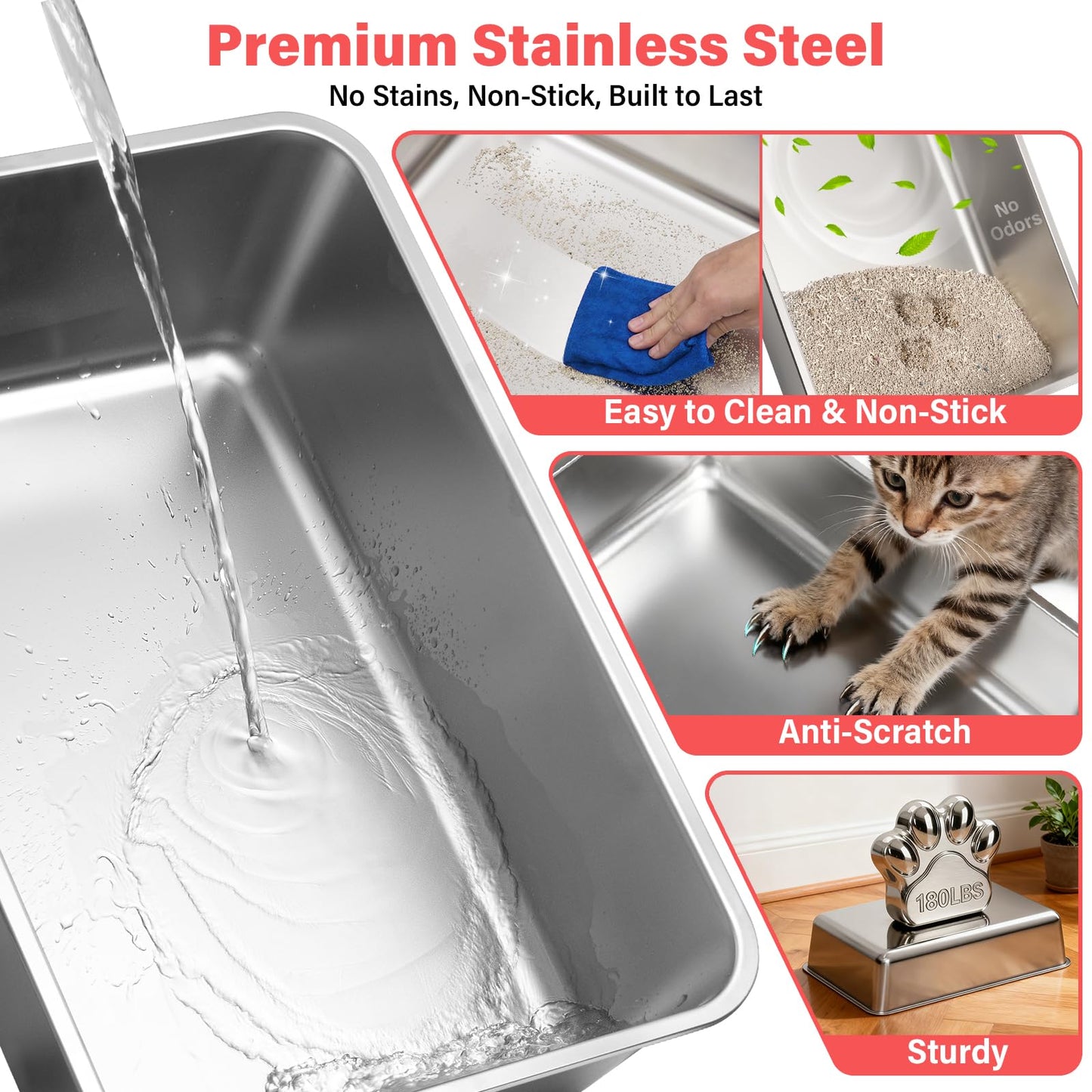 Stainless Steel Cat Litter Box, Extra Large XL Metal Litter Box with High Sides Lid, Never Absorbs Odors, Anti-Urine Leakage, Non-Sticky, Include Littter Mat & Scoop