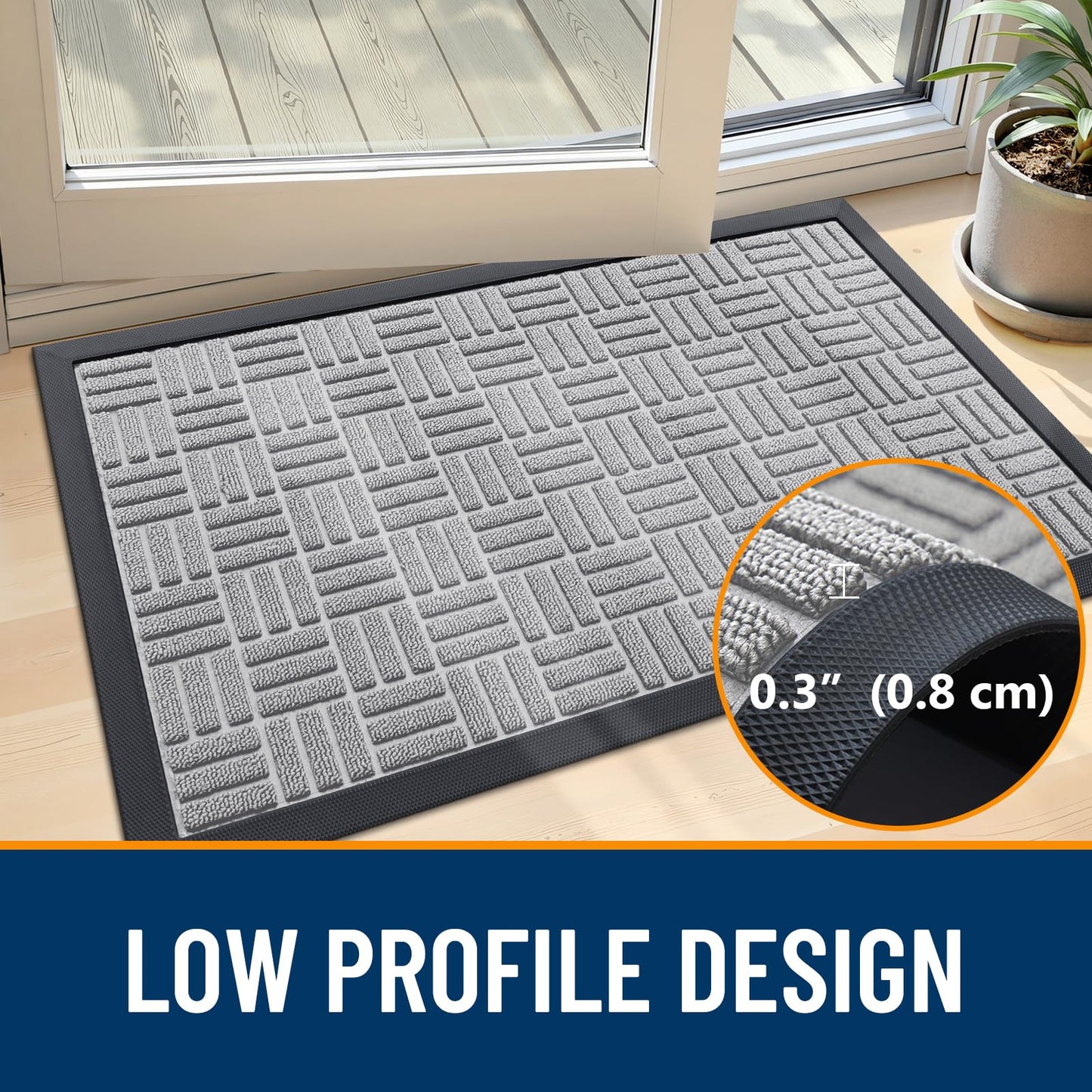 OLANLY Front Door Mat Outside Entrance 29.5x17, Absorbent, Heavy Duty Sturdy Natural Rubber Doormat Indoor Outdoor, Non-Slip, Stain and Fade Resistant, Low Profile Floor Mat for Entryway, Light Gray