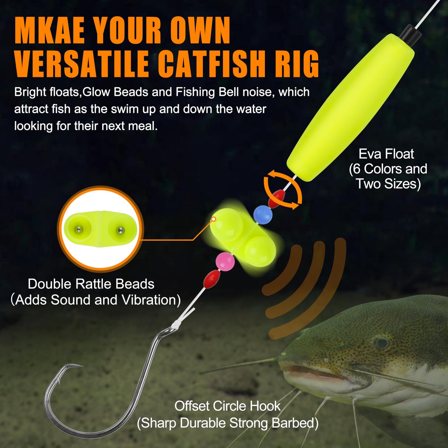SILANON Catfish Rig Tackle Making Kit,135pcs Catfishing Tackle Accessories with Catfish Floats Catfish Hooks Swivels Fishing Rattles Bells Beads Bobber Stoppers Catfishing Gear Equipment