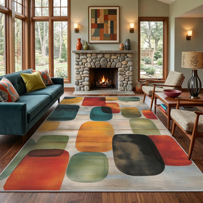 Tzvjxln Mid Century Geometric Area Rug 5x8 ft, Retro Color Block Abstract Statement Rug, Low Pile Non-Slip Washable Indoor Rug for Living Room Bedroom