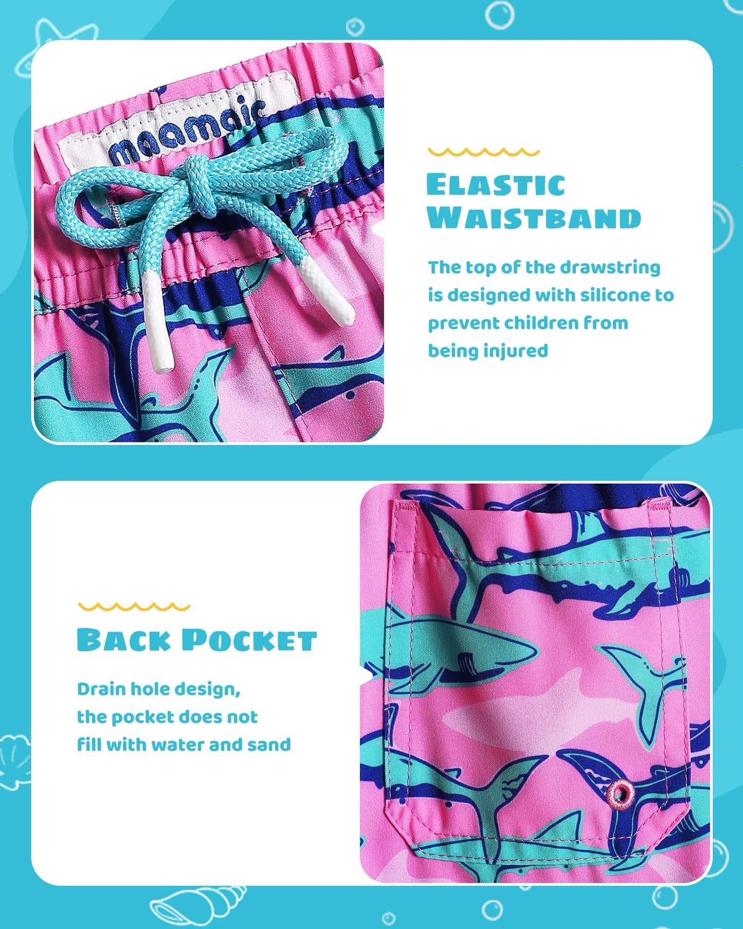 maamgic Boys Swim Trunks with Compression Liner Toddler Stretch Swim Shorts Quick Dry Swimming Trunks Boxer Brief 2 in 1 Beach Shorts Pink Blue Shark 7