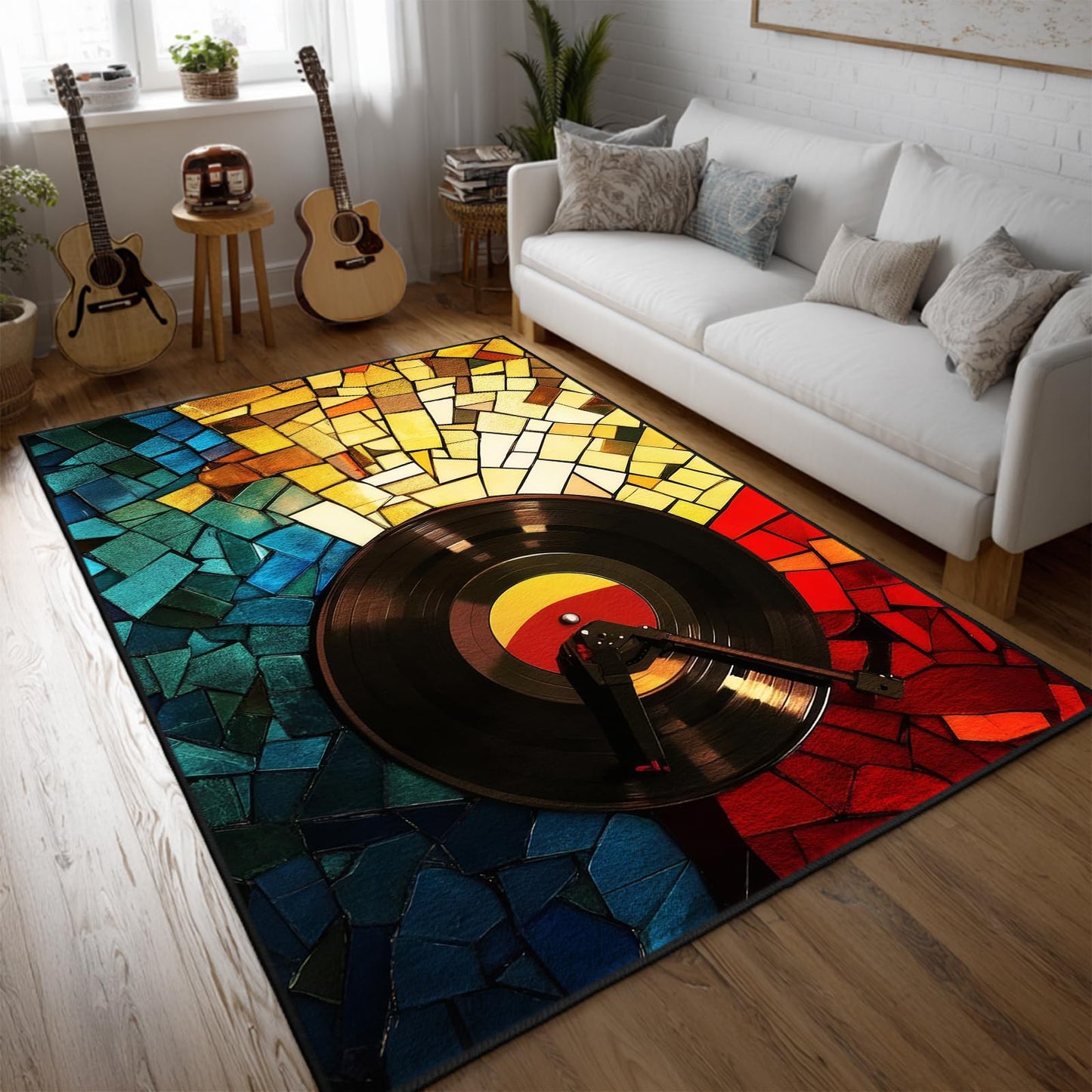 keepcute Retro Vinyl Area Rug 5x7 ft Non-Slip Carpets Record Player Carpet Decor for Living Room Bedroom Living Room Study Carpet