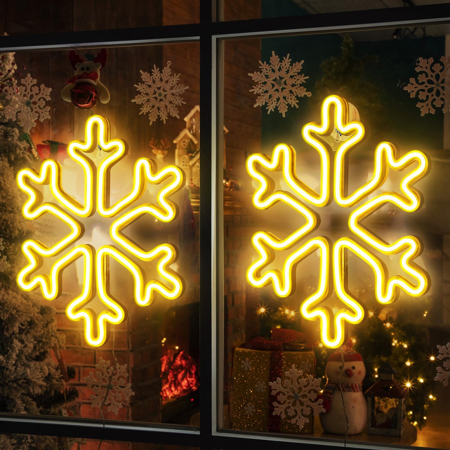 Enhon Christmas Neon Snowflake Light, 12 Inch Giant Snowflake Lights, Battery and USB Powered Christmas Curtain Neon Sign with Timer for Xmas Party Decoration(Warm White,2 Pack)