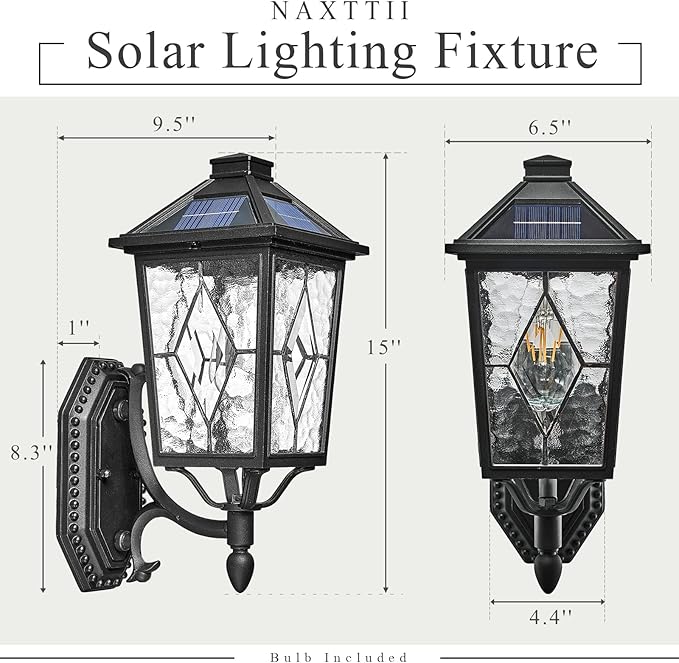Solar Outdoor Wall Lamp Waterproof Aluminum Outside Solar Wall Lantern with Remote Control Black Outdoor Porch Lights Wall Mount with Water Ripple Handmade Solder Glass LED Bulb Included