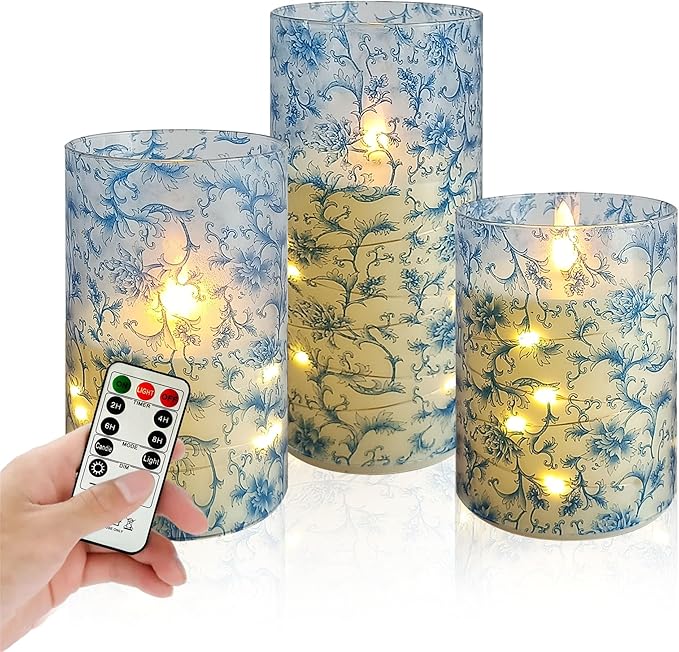 Flameless Candles with String Lights - Set of 3 Printed Remote Battery Operated Candle Flickering Floral LED Pillar Candles with Timer for Home Decor Romantic Ambiance,BL
