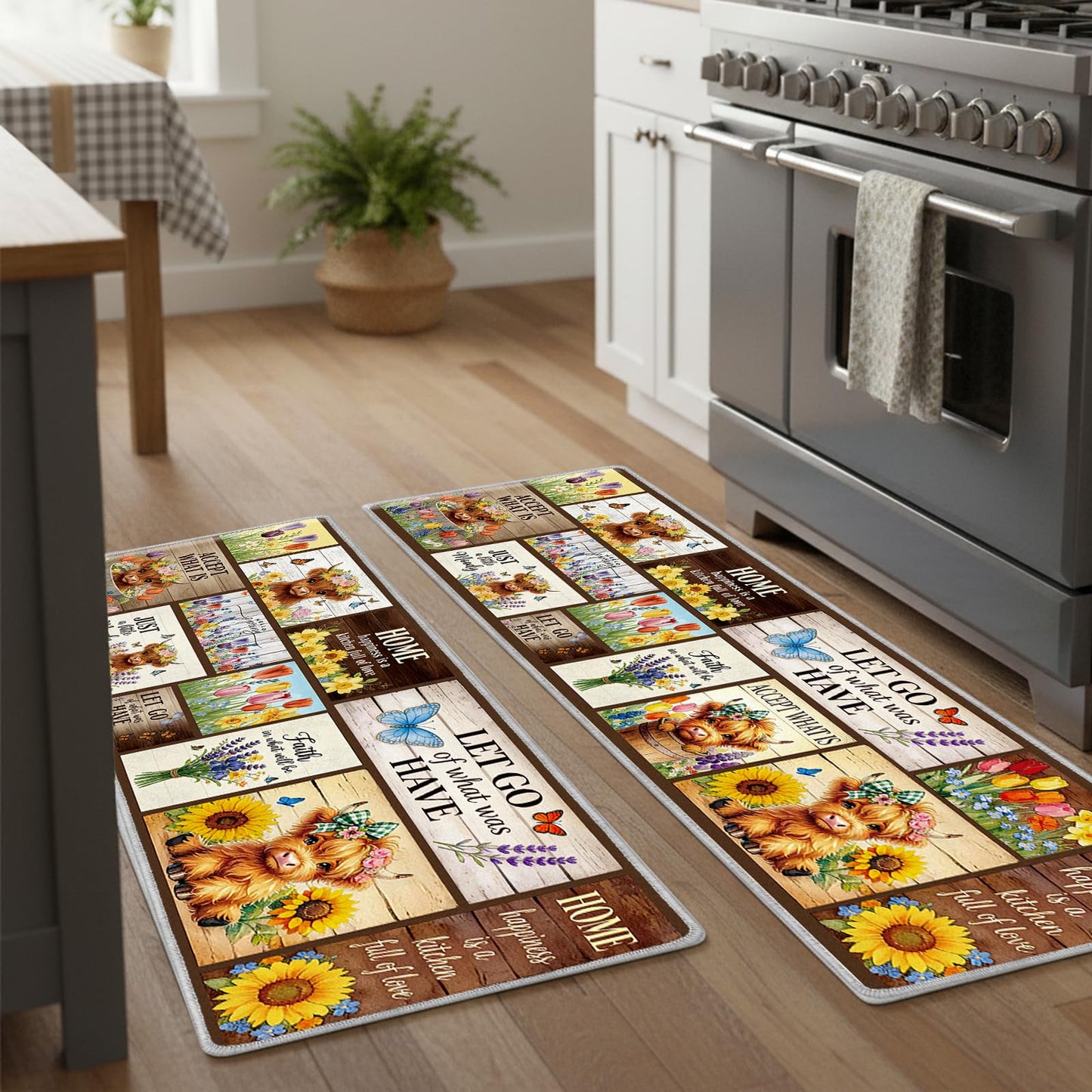 InIsaJace Highland Cow Kitchen Decor - 3 Pcs Highland Cow Kitchen Rugs and Mats, Farmhouse Cattle Non Slip Rug Spring Seasonal Floor Mats for Home Door Bathroom (16x31 + 16x47 + 16x59 Inch)