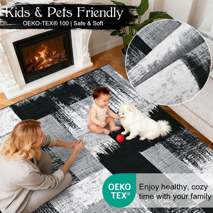 Yinhua Modern Geometric 4x6 Rug, Patchwork Grey Rugs for Living Room Washable Abstract Area Rug Non Slip, Soft Bedroom Rugs Stain Resistant, Mid Century Low Pile Carpet for Dining Room, Office