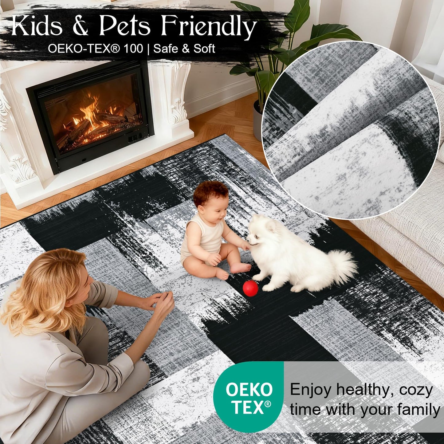 Yinhua Modern Geometric 8x10 Area Rugs, Patchwork Grey Rugs for Living Room Washable Abstract Rug Non Slip, Soft Bedroom Rug Stain Resistant, Mid Century Low Pile Carpet for Dining Room, Office