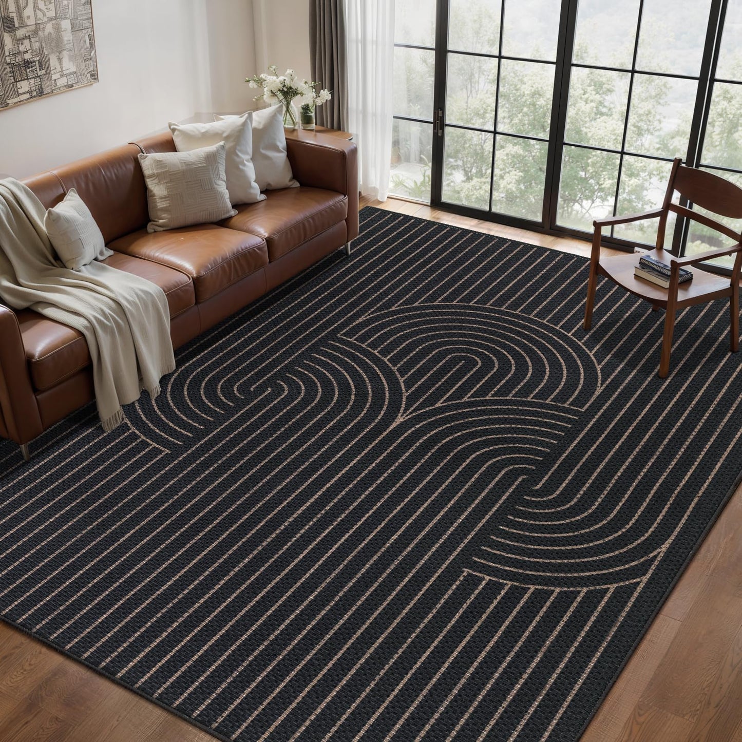 Tangsoo Modern Easy Jute 5x7 Area Rug for Living Room,Black Thin Washable Rug Non Slip Rubber Backing Indoor Outdoor Carpet,Farmhouse Throw Mat for Office Bedroom Backyard
