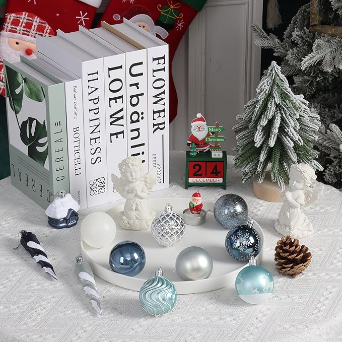 124Ct Blue Silver and White Christmas Tree Ornaments Set,Shatterproof Assorted Christmas Decorations for Xmas Tree Snowflake Icicle House Ball Ornaments Baubles for Holiday Party Decor（Blue & Silver）