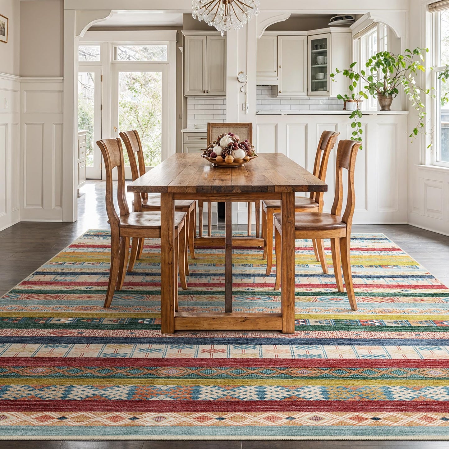 Puino 8x10 Washable Area Rug: Moroccan Large Neutral Boho Area Rug for Living Room & Bedroom Geometric Non-Slip Farmhouse Carpet for Living Room Colorful Stripe 8'x10'.
