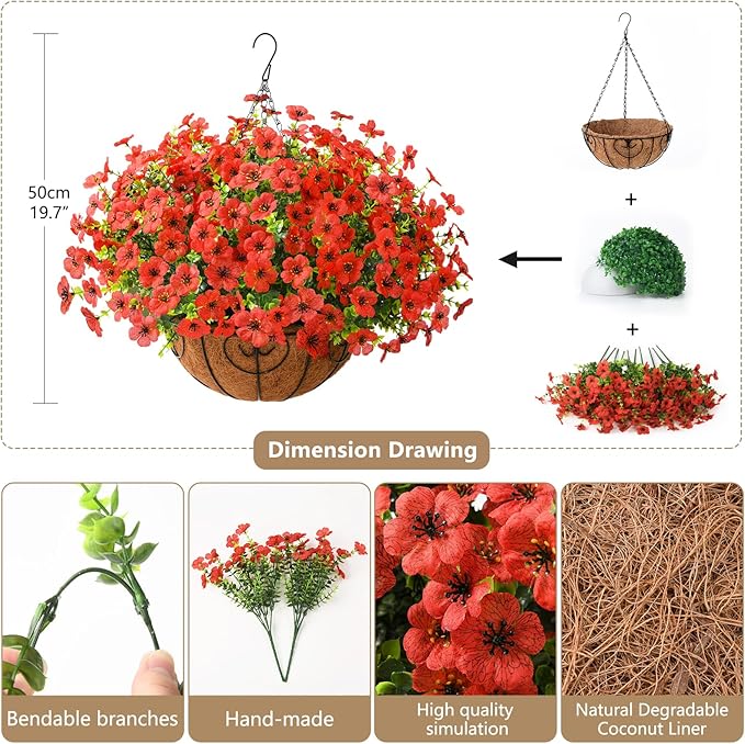 Artificial Faux Hanging Plants Flowers Basket Outdoor Porch Garden Spring Summer Decoration, Fake Silk Daisy in Planter Realistic UV Resistant for Outside Home Patio Balcony Yard(Red)