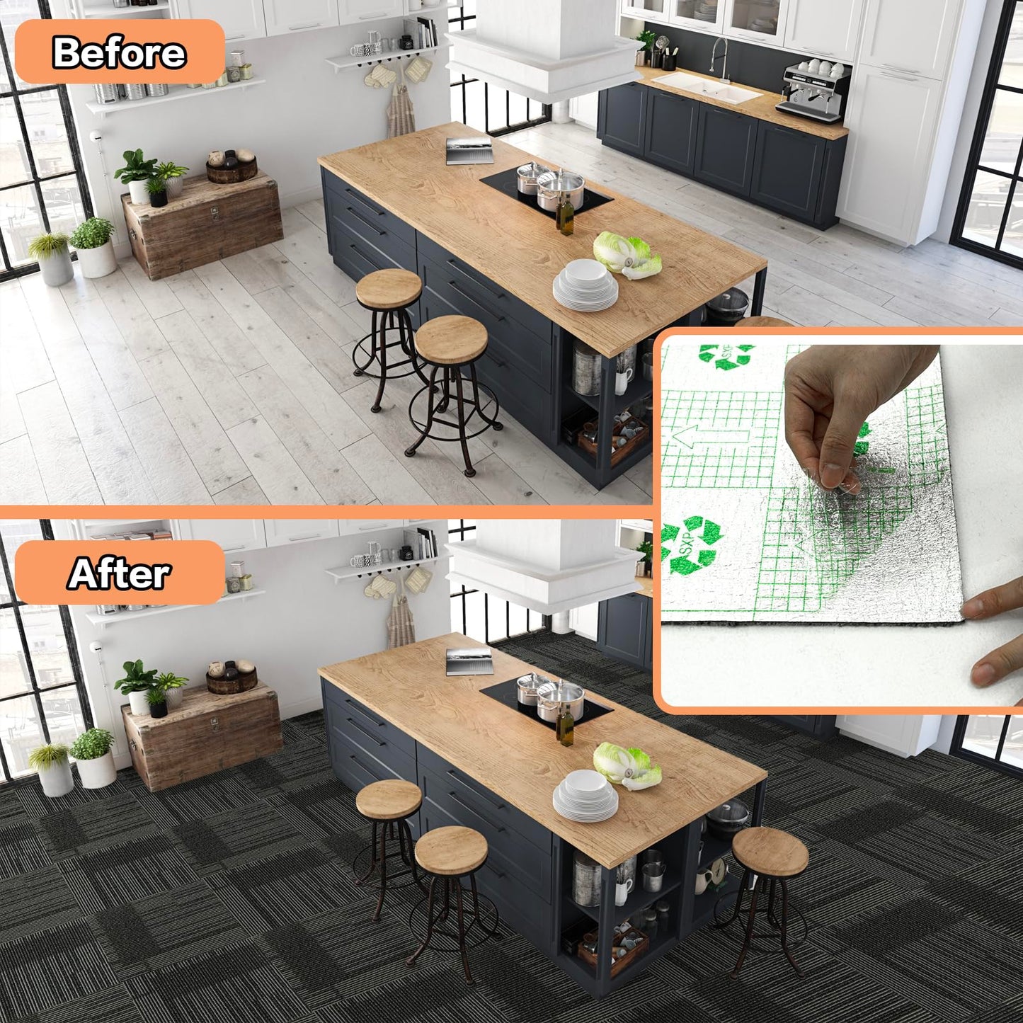 10 Carpet Tiles Peel and Stick, 12” x 12” Self Adhesive Carpet Floor Tile, Anti-Slip Reusable Squares Soft Padded Carpet Tiles for Kitchen Bedrooms Indoor Outdoor