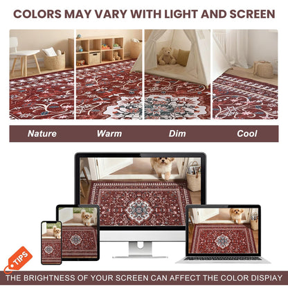 BLEUM CADE 8' x 10' Red Boho Rugs for Living Room, Washable Low Pile Non-Slip Area Rugs for Bedroom Dining Room Kitchen Classroom Office Nursery Playroom