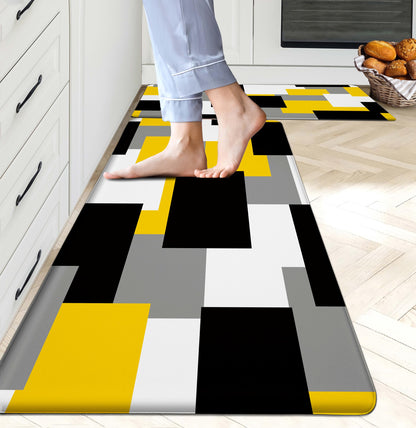 Tyrot Yellow Grey Kitchen Rug Set of 2 Cushioned Anti Fatigue Kitchen Mats for Floor Non-Slip Waterproof Kitchen Floor Mats Geometric Ergonomic Cushioned Comfort Standing Mat for Laundry, Office, Sink